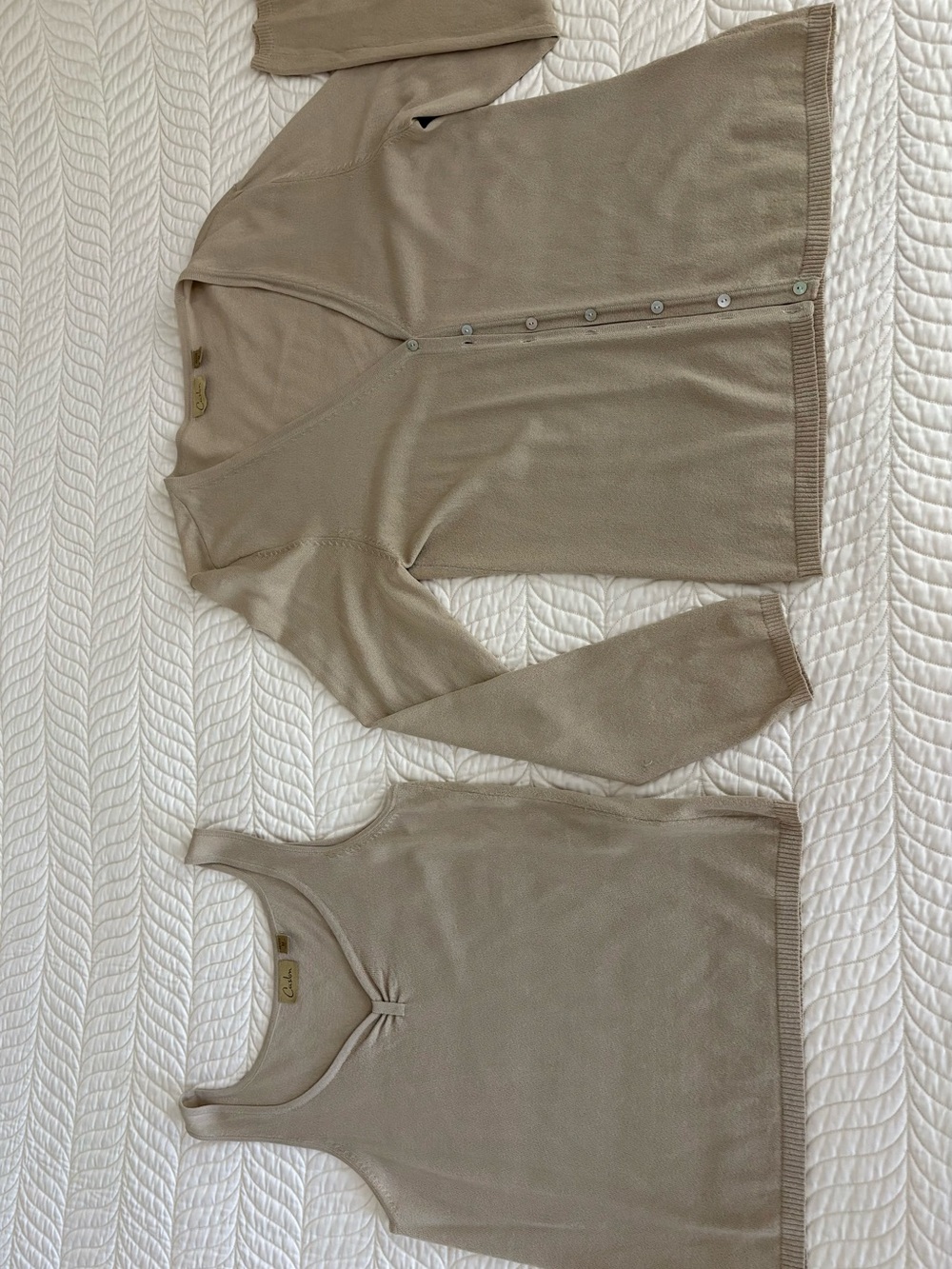 Classic Beige Cardigan & Tank Knit Set by Caslon